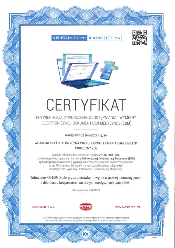 Certyfikat wdrożenia udostępniania i wymiany Elektronicznej Dokumentacji Medycznej